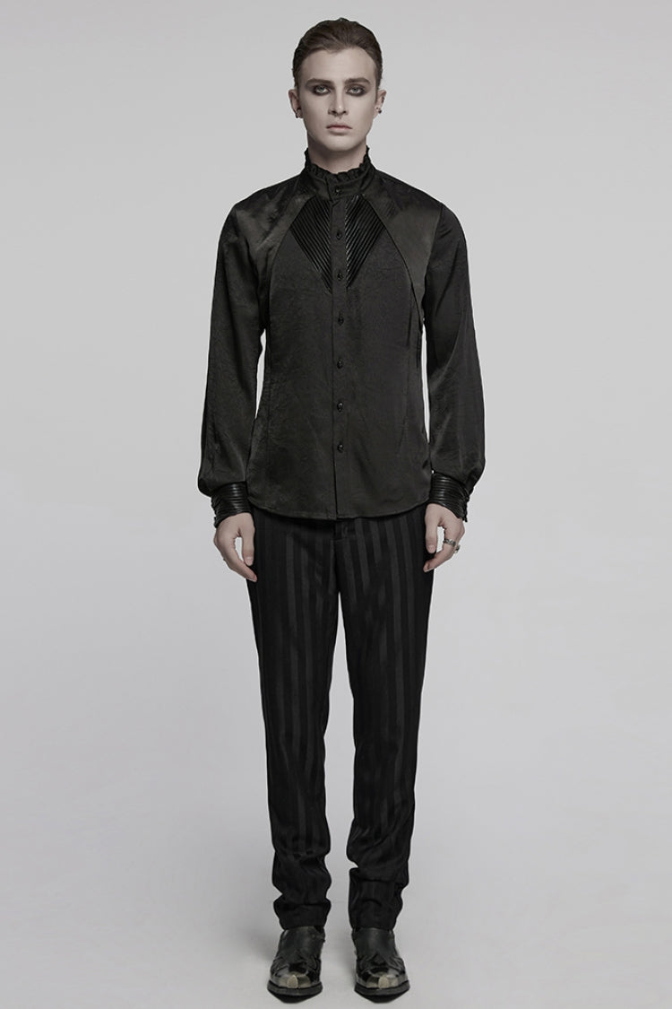 Black Stand Collar Long Sleeves Ruffle Pleated Men's Gothic Blouse - Product - 4