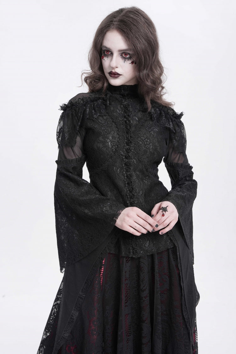 Black Stand Collar Long Trumpet Sleeves Embroidery Stitching Lace Women's Gothic Blouse - Product - 5