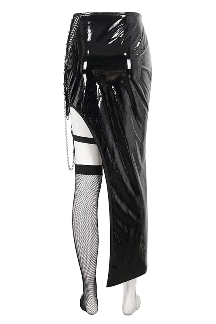 Black Irregular Patent Leather Women's Punk Skirt With Mesh Stocking - Product - 11