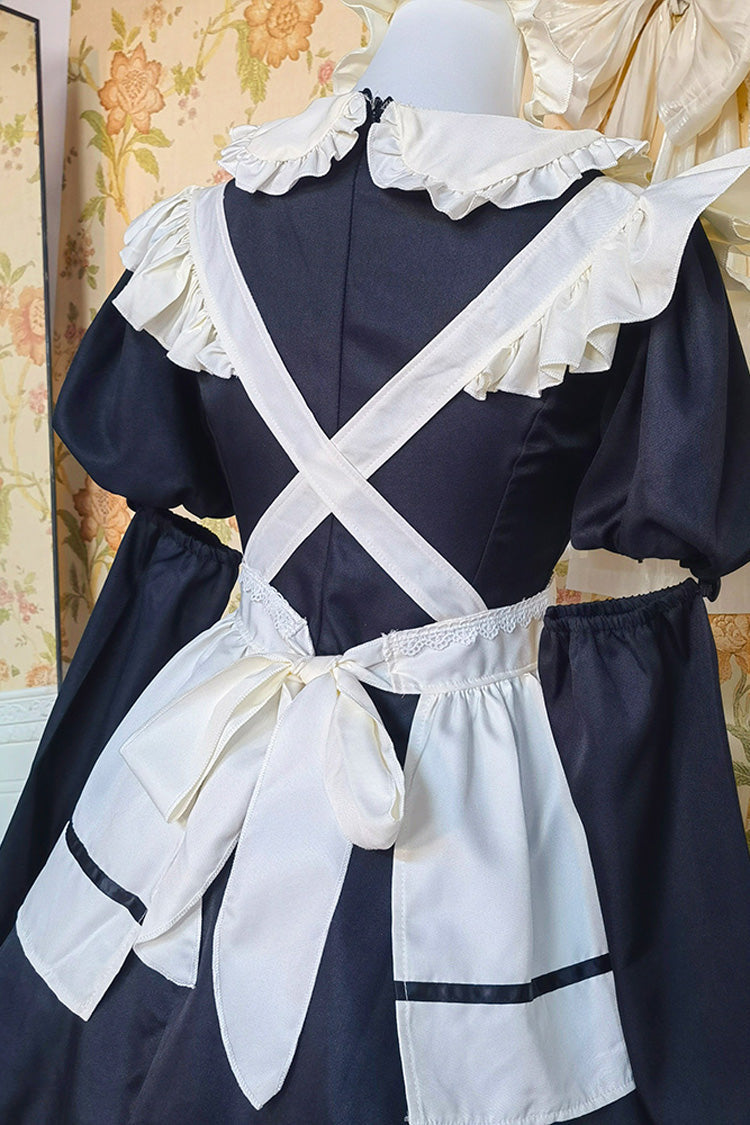 Black/White Short Sleeves Ruffle Bowknot Lace Plus Size Sweet Maid Short Lolita Dress - Product - 7