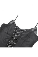 Black/White Contrast Stripes Lace-Up Multi-Layered Ruffled Hem Women's Gothic Slip Dress - Product - 11