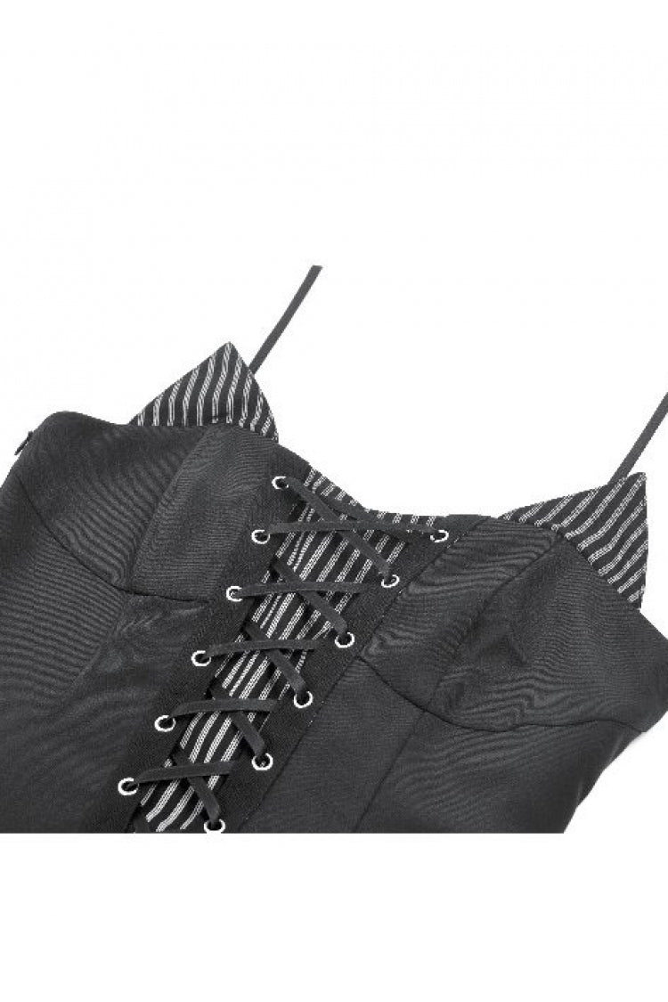 Black/White Contrast Stripes Lace-Up Multi-Layered Ruffled Hem Women's Gothic Slip Dress - Product - 11