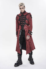 Red Stand Collar Long Sleeves Printed Spliced Studded Buckled Zippered Eyelet Men's Punk Cool Hooded Jacket - Product - 9