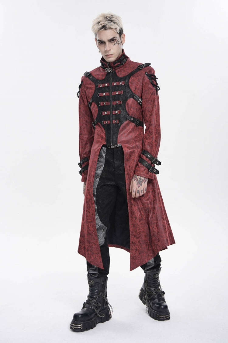 Red Stand Collar Long Sleeves Printed Spliced Studded Buckled Zippered Eyelet Men's Punk Cool Hooded Jacket - Product - 9