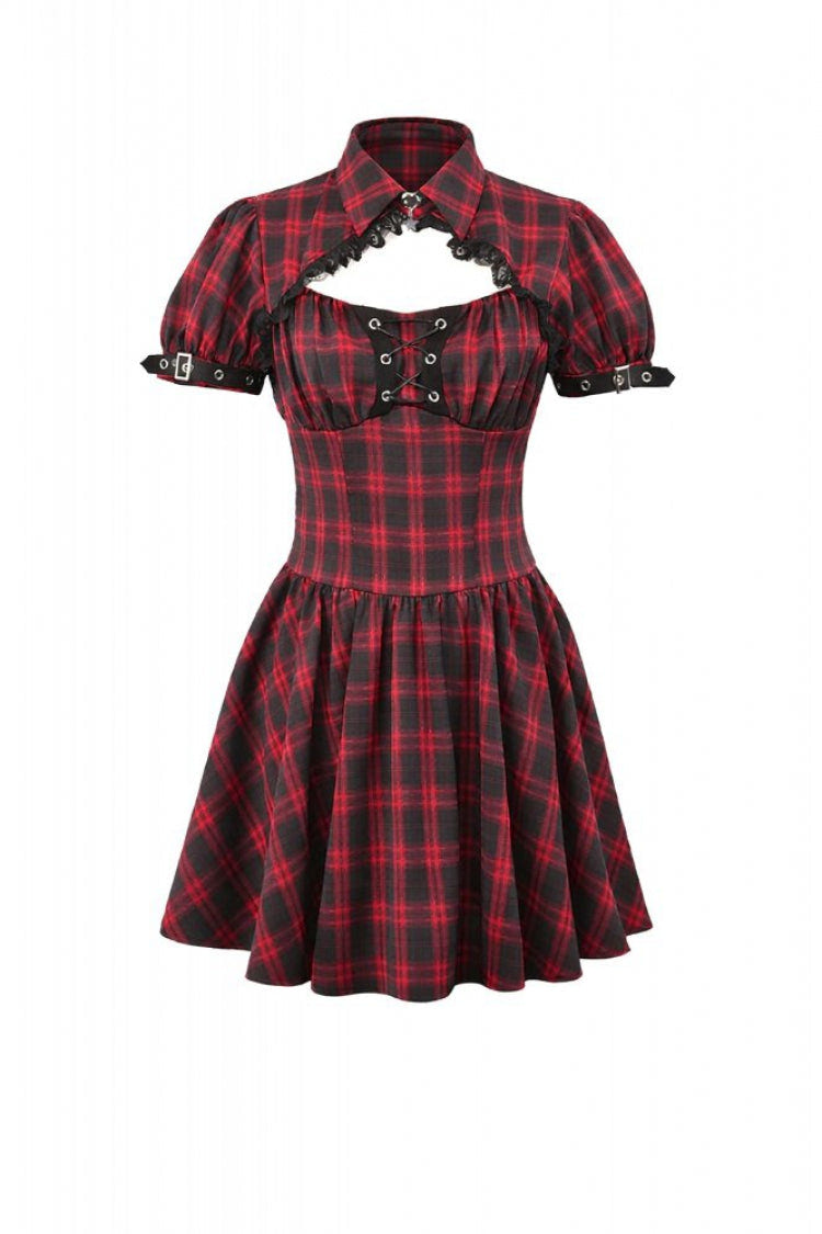 Black/Red Plaid Turn-Down Collar Cut-Out Short Sleeves Lace-Up Women's Punk Retro Mini Dress - Product - 3