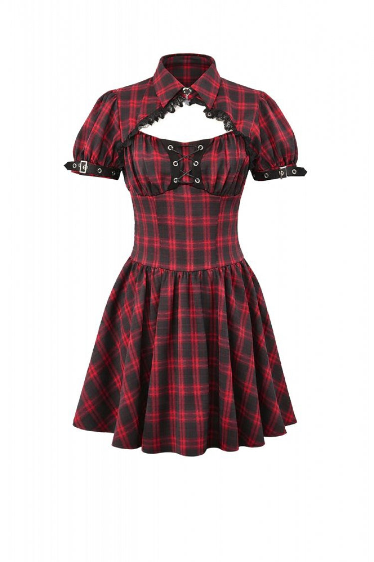 Black/Red Plaid Turn-Down Collar Cut-Out Short Sleeves Lace-Up Women's Punk Retro Mini Dress - Product - 3