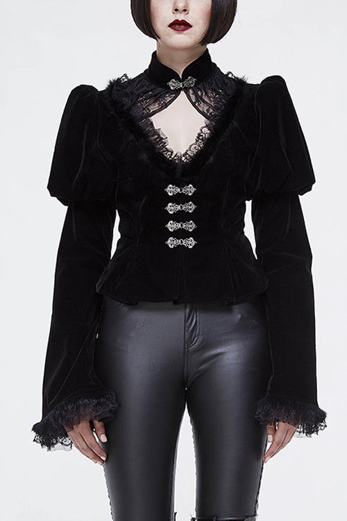 Small Stand Collar Flared Princess Sleeve Black Velveteen Short Womens Gothic Jacket - Black - 1