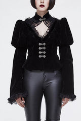 Small Stand Collar Flared Princess Sleeve Black Velveteen Short Womens Gothic Jacket - Black - 1
