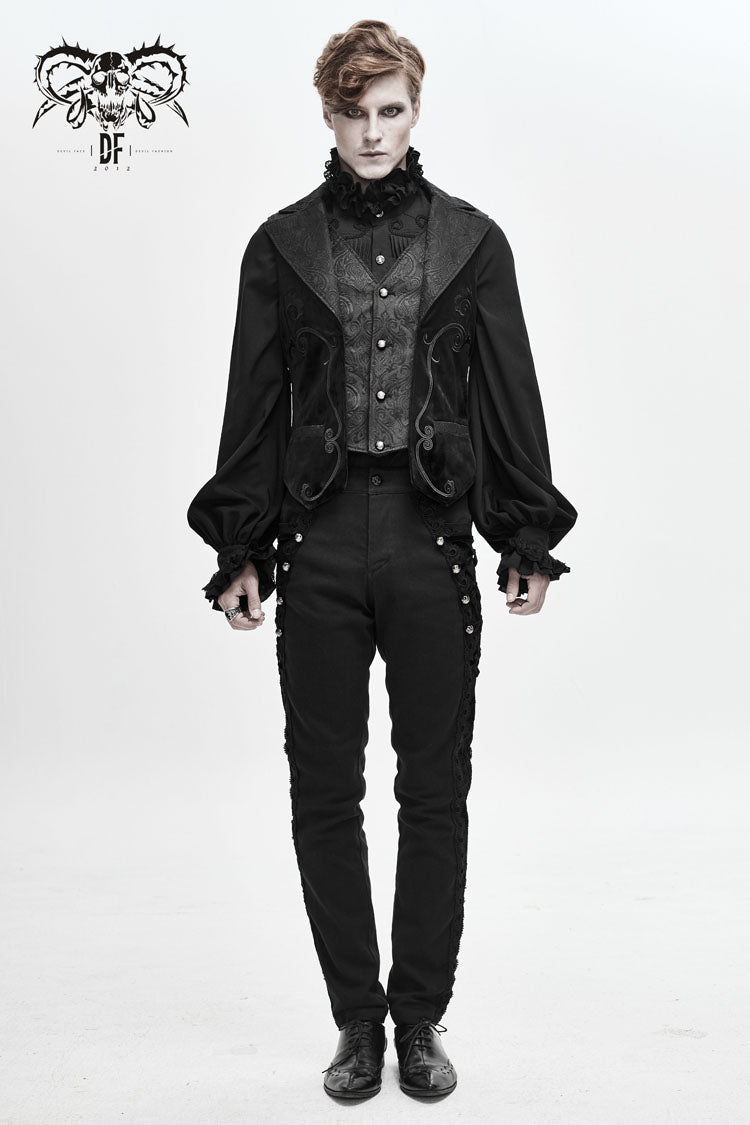 Black Fake Two Piece Leather Embroidered Swallow Tail Hem Men's Gothic Waistcoat - Product - 4