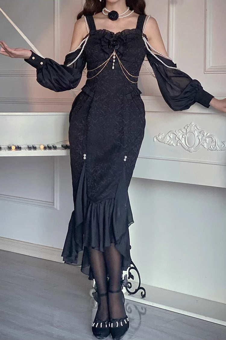 Black [Camellia 1.0] Sleeveless Jacquard Ruffle Lace Gothic Chinese Style Lolita Jsk Fishtail Dress - Product - 3
