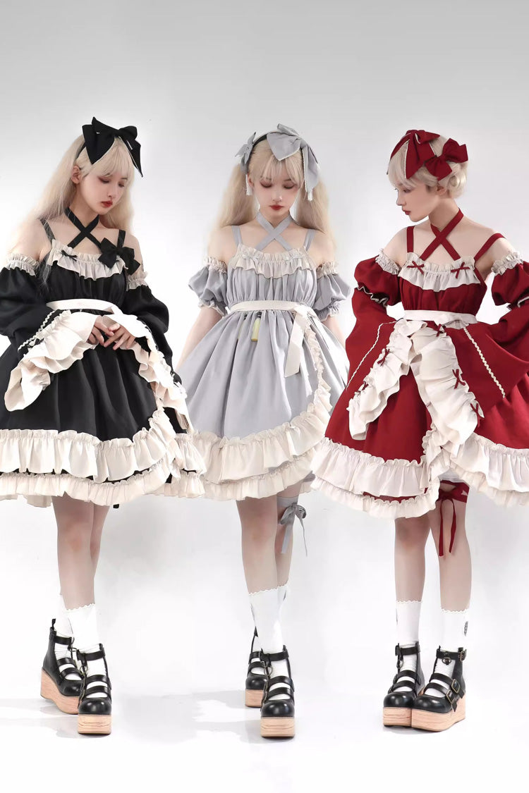 Grey [Monet Estate] Sleeveless High Waisted Ruffle Bowknot Asymmetric Sweet Lolita Jsk Dress - Product - 12