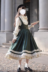 Green [Artemis SP] Ruffle Bowknot Lace College Style Elegant Lolita Jumper Dress - Product - 17