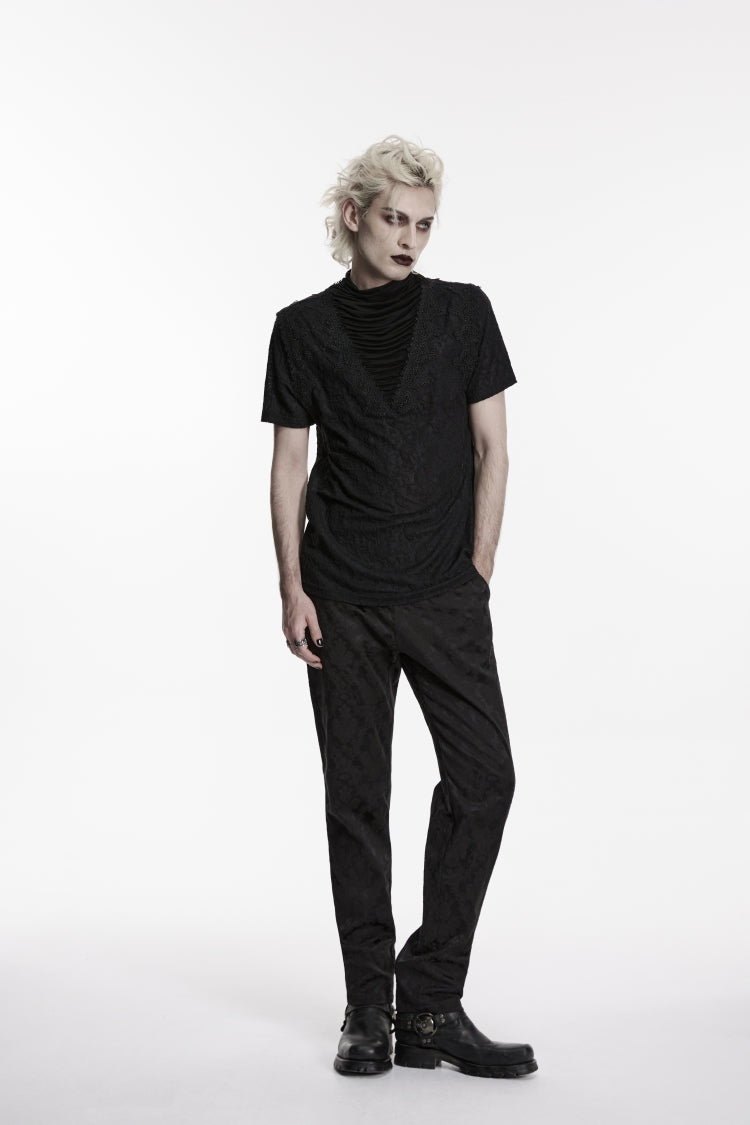 Black High Collar Short Sleeves Spliced Pleated Men's Gothic Shirt - Product - 3