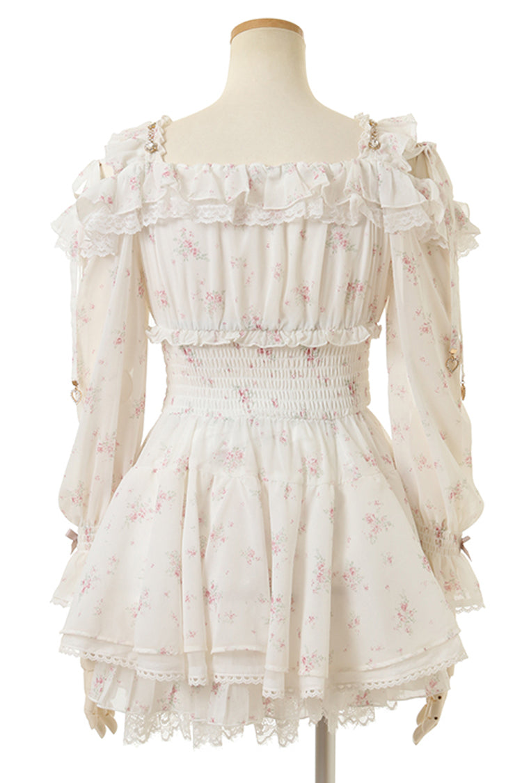 Ivory Off Shoulder Long Sleeves Floral Print Ruffle Bowknot Lace-Up Sweet Jirai Kei Japanese Skirt Set - Product - 4