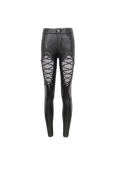 Black Stretch Diamond Wavy String Adjustable Slim Fit Women's Punk Trousers - Product - 6