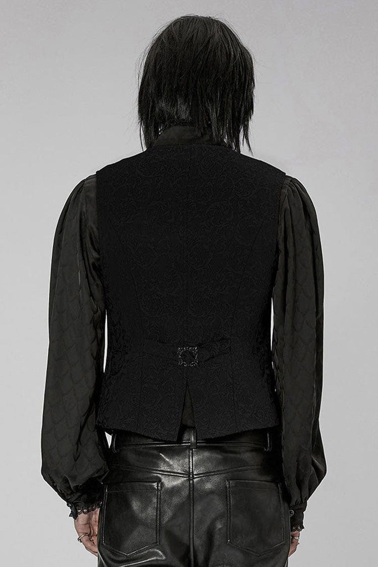 Black Punk Gorgeous V Neck Asymmetrical Relief Sculpture Jacquard Double Row Hand Seam Button Men's Vest - Product - 3