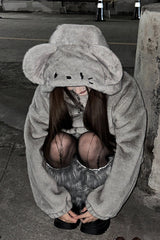 Grey Long Sleeves Mouse Ears Hooded Zippered Gothic Jirai Kei Coat - Product - 10