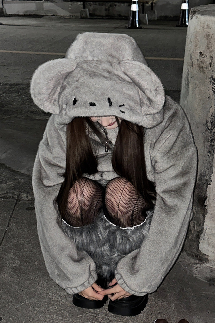 Grey Long Sleeves Mouse Ears Hooded Zippered Gothic Jirai Kei Coat - Product - 10