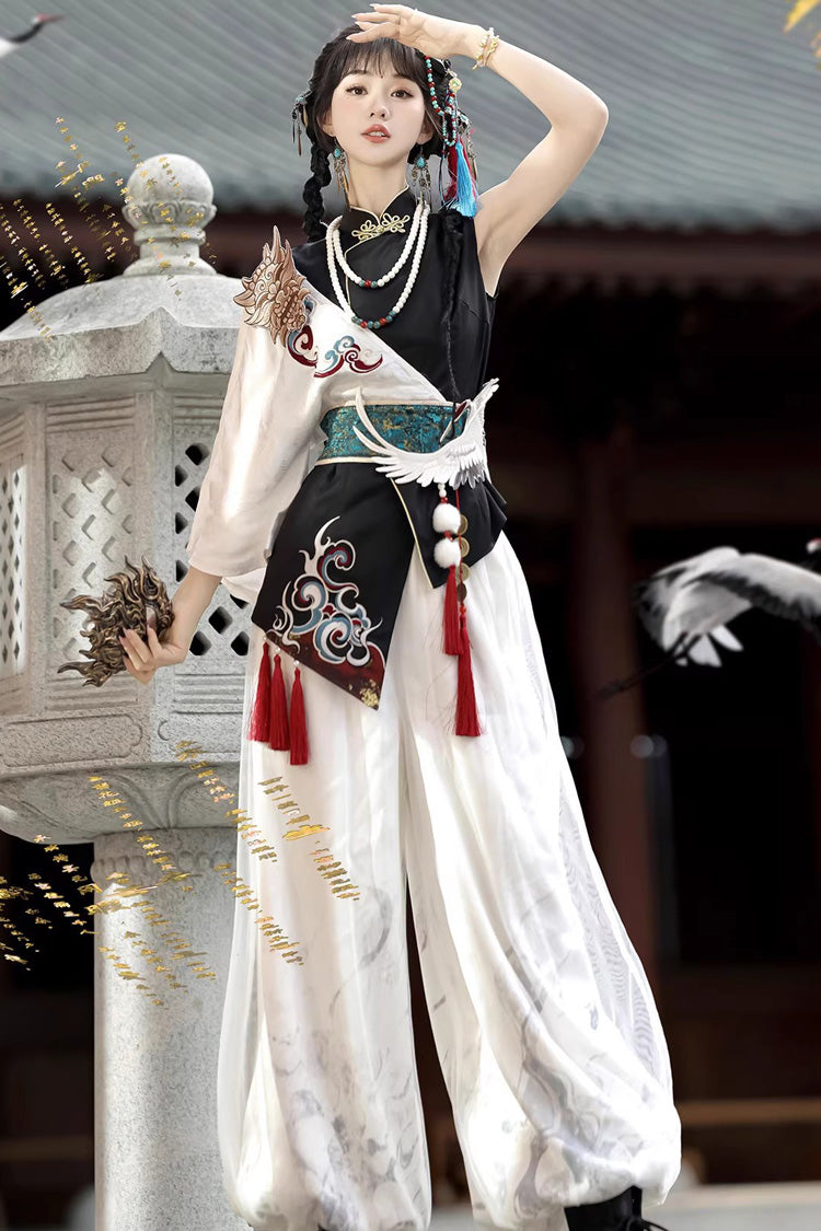 Black/White Stand Collar Single Long Sleeve Printed Embroidered Asymmetric Chinese Style Ouji Set - Product - 9