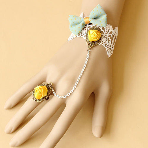 White Princess Bow Yellow Rose Lace Female Sweet Lolita Ring Bracelet - Product - 1
