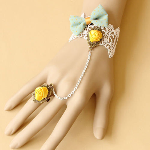 White Princess Bow Yellow Rose Lace Female Sweet Lolita Ring Bracelet - Product - 1