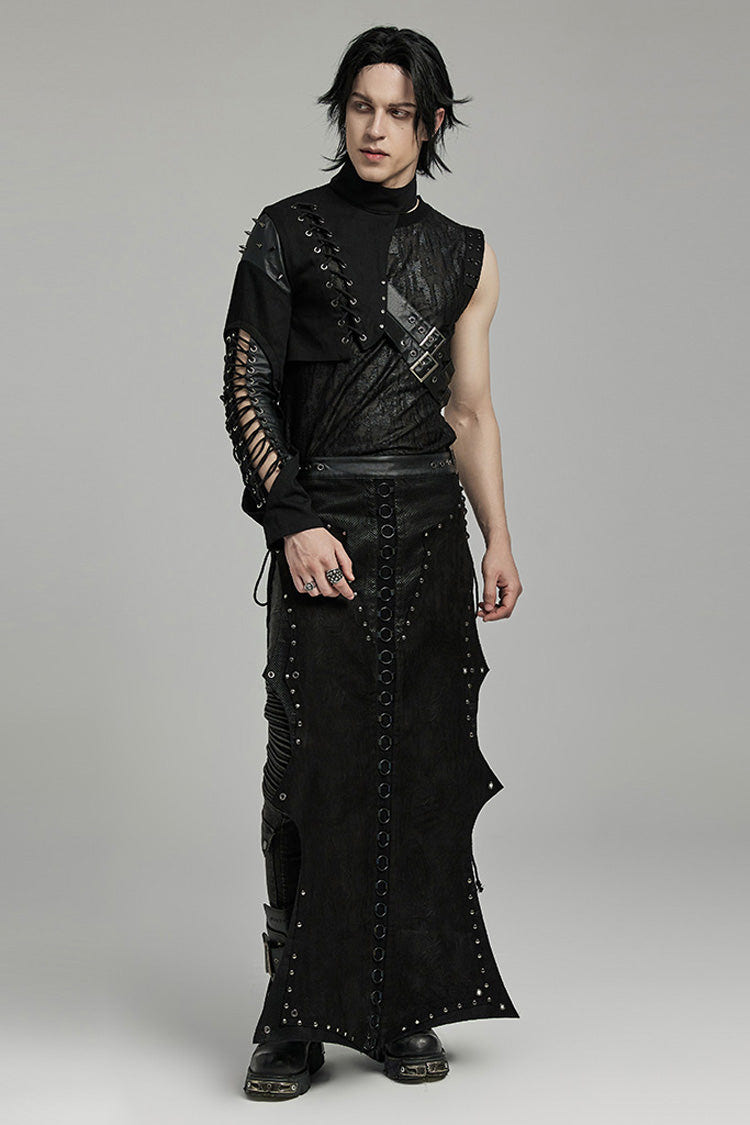 Black Stand Collar Asymmetric Rivet Buckle Men's Punk Faux Leather Harness - Product - 3