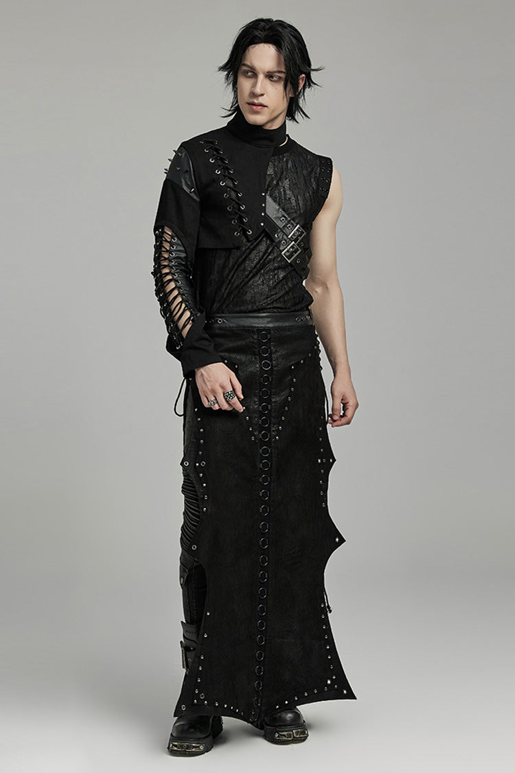 Black Stand Collar Asymmetric Rivet Buckle Men's Punk Faux Leather Harness - Product - 3