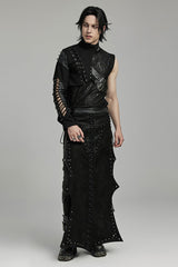Black Stand Collar Asymmetric Rivet Buckle Men's Punk Faux Leather Harness - Product - 3