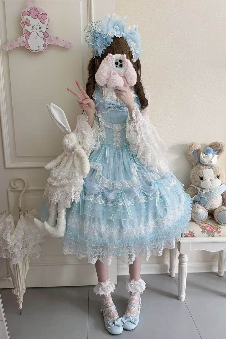 Blue [Sugar Heart Knot] Multi-Layered Ruffled Bow Lace Sweet Lolita Jsk Dress - Product - 4