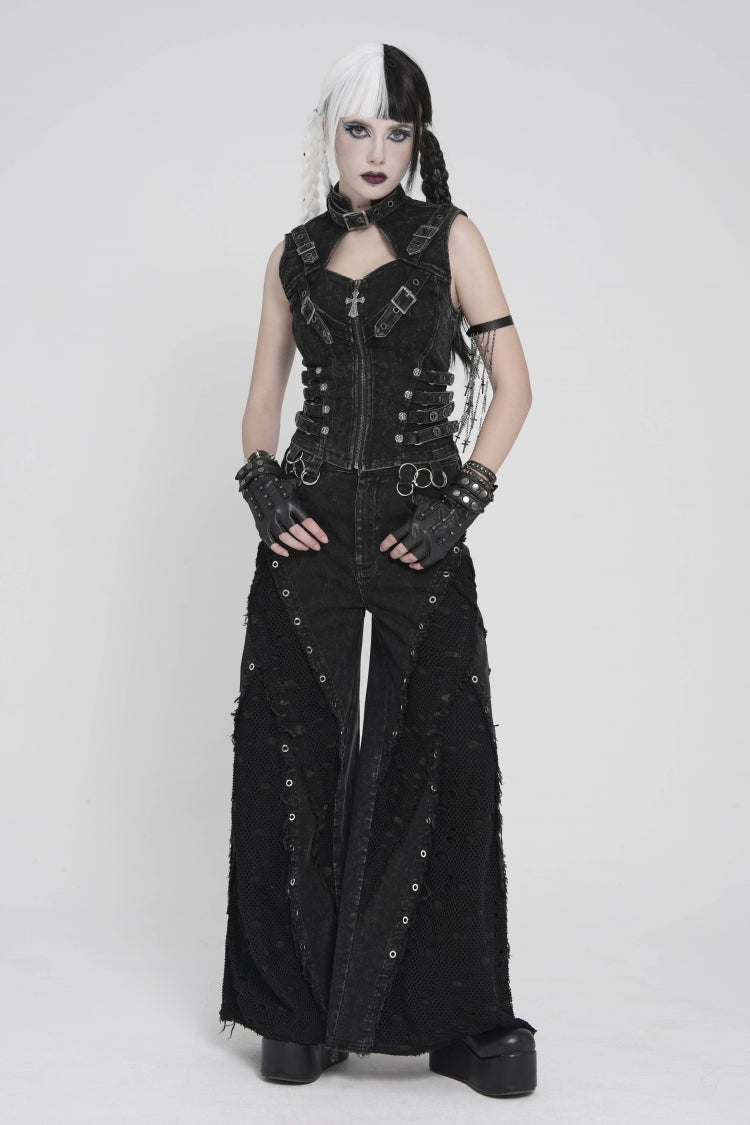 Black Halterneck Slim Buckled Zippered Women's Punk Vest - Product - 4