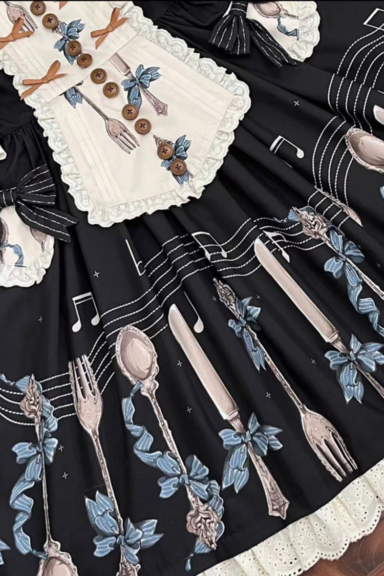 Dark Blue [The Witch’s Banquet] Round Collar Short Sleeves Printed Ruffled Embroidered Bow Lace Sweet Lolita Jsk Dress - Product - 5