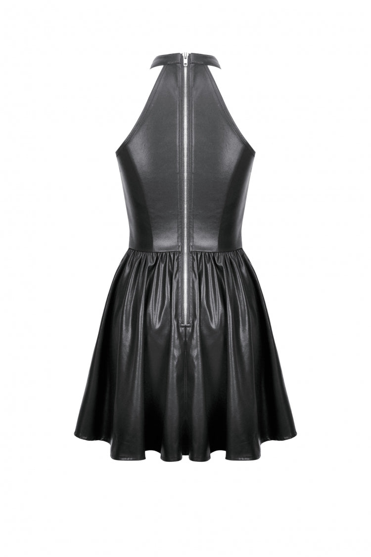 Black Halterneck Zippered Chain-Decorated Eyelet Women's Punk Faux Leather Dress - Product - 16