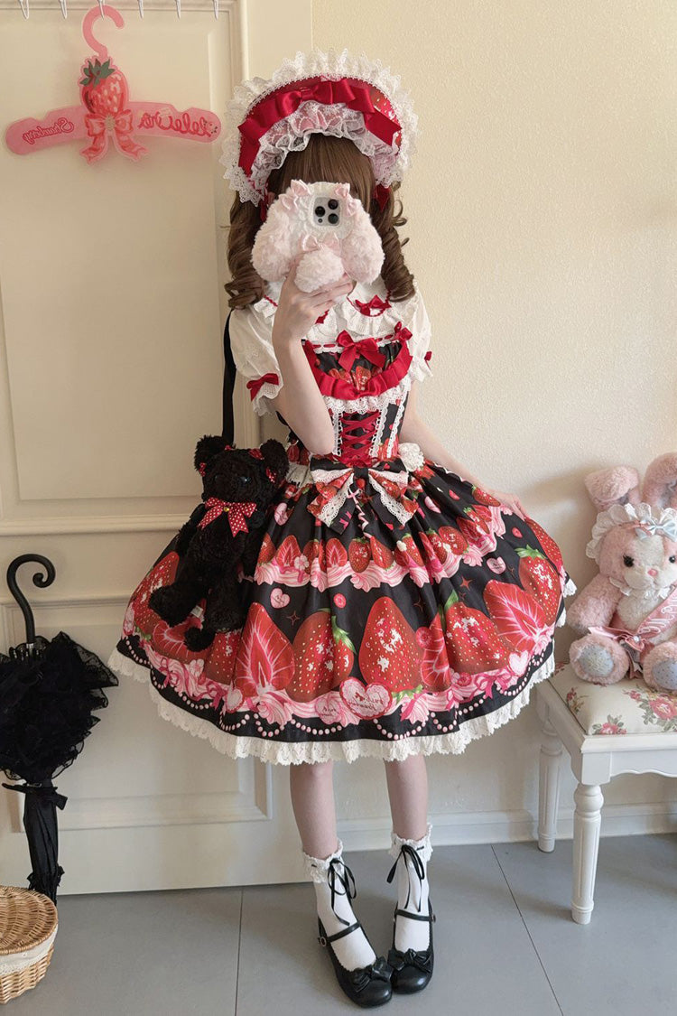 [Sweet Berry Tale] Strawberry Print Ruffle Bowknot Lace Sweet Lolita Jsk Dress 4 Colors - Product - 23