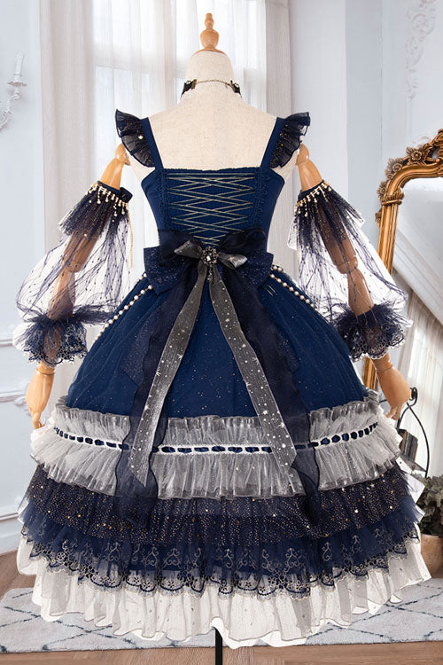 Blue Gorgeous Starry Sky Bowknot Pearl Chain Decoration Multi-Layer Ruffled Sweet Lolita JSK Tiered Dress - Product - 3