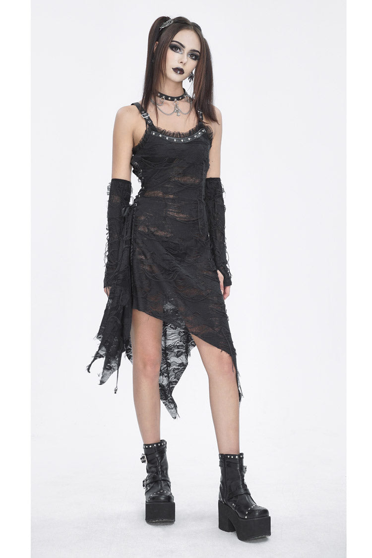 Black Sleeveless Lace Irregular Womens Gothic Strap Dress - Product - 3