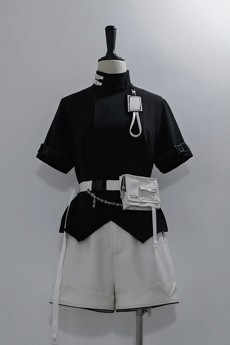 Black Functional Style Stand Collar Short Sleeves Ouji Fashion Prince Handsome Lolita Blouse - Product - 23