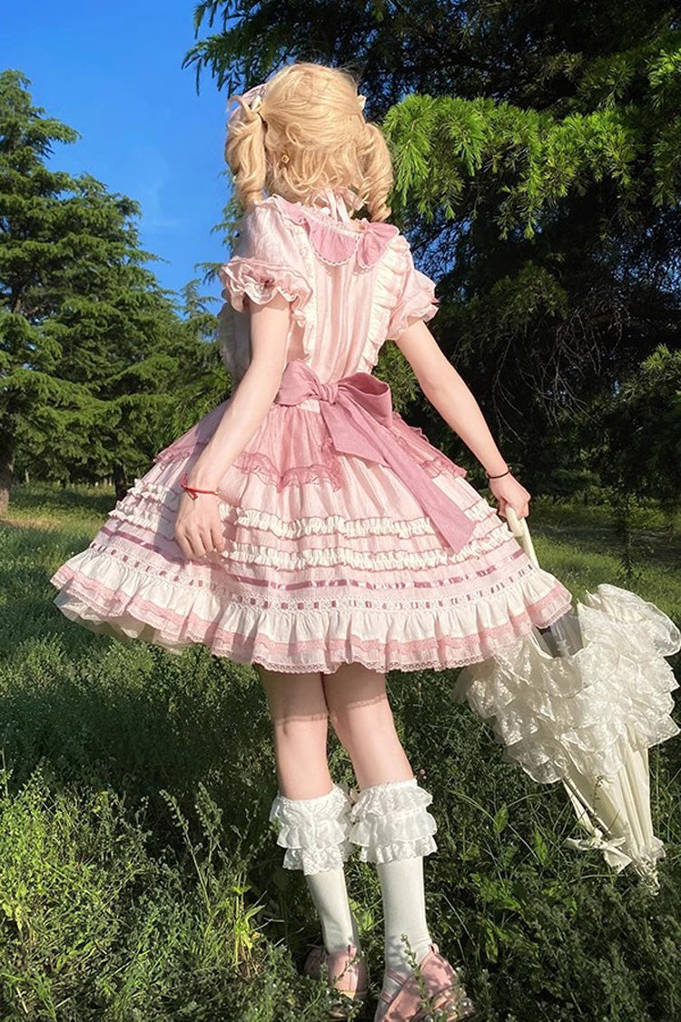 Pink Rabbit Print Sweet Dream Girl Short Sleeves Ruffle Bowknot Stitching Lace Lolita Dress - Product - 8