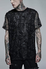 Black Punk Irregular Ripped Mesh Stitching Stretch Loose Knit Short Sleeved Men's T-Shirt - Black - 1
