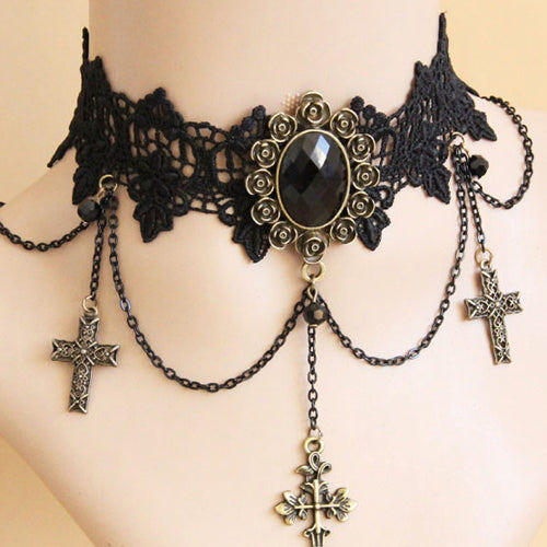 Black Retro Exaggerated Cross Collar Harajuku Style Lace Gothic Lolita Necklace - Black - 1