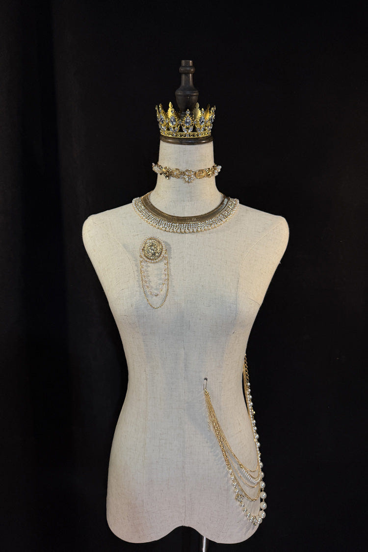 White/Gold [Royal Knight] Stand Collar Long Sleeves Gothic Vintage Cool Lolita Set - 5-Piece-Metal-Accessory-Set(Only) - 12