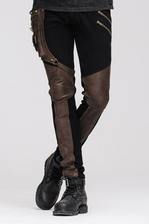 Party Wear Steam Punk Fitted Straight Leg Mens Pants With Bag - Black/Brown - 1