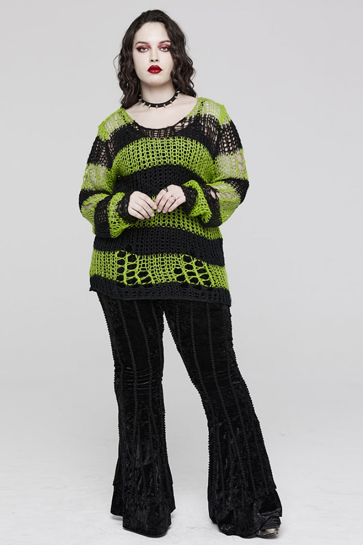 Round Collar Striped Print Irregular Ripped Women's Gothic Sweater 4 Colors - Product - 20