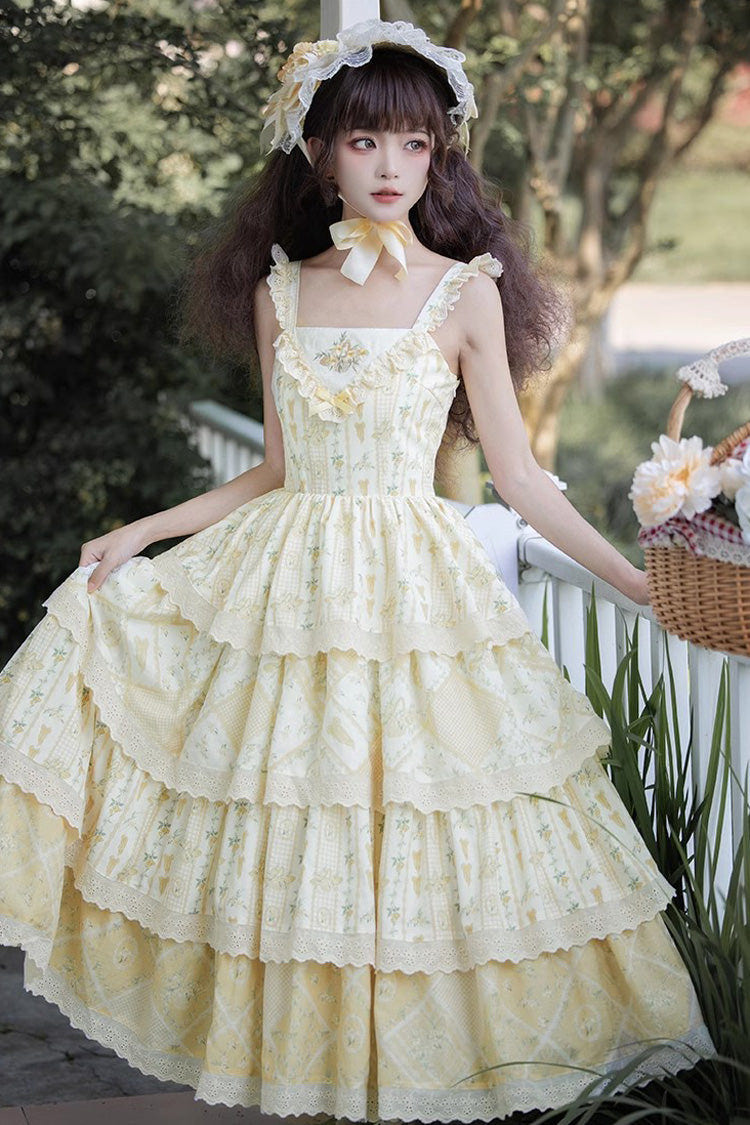 Yellow Multi-layer Sunflower Print Ruffle Embroidery Sweet Chinese Style Lolita Jsk Dress - Product - 3