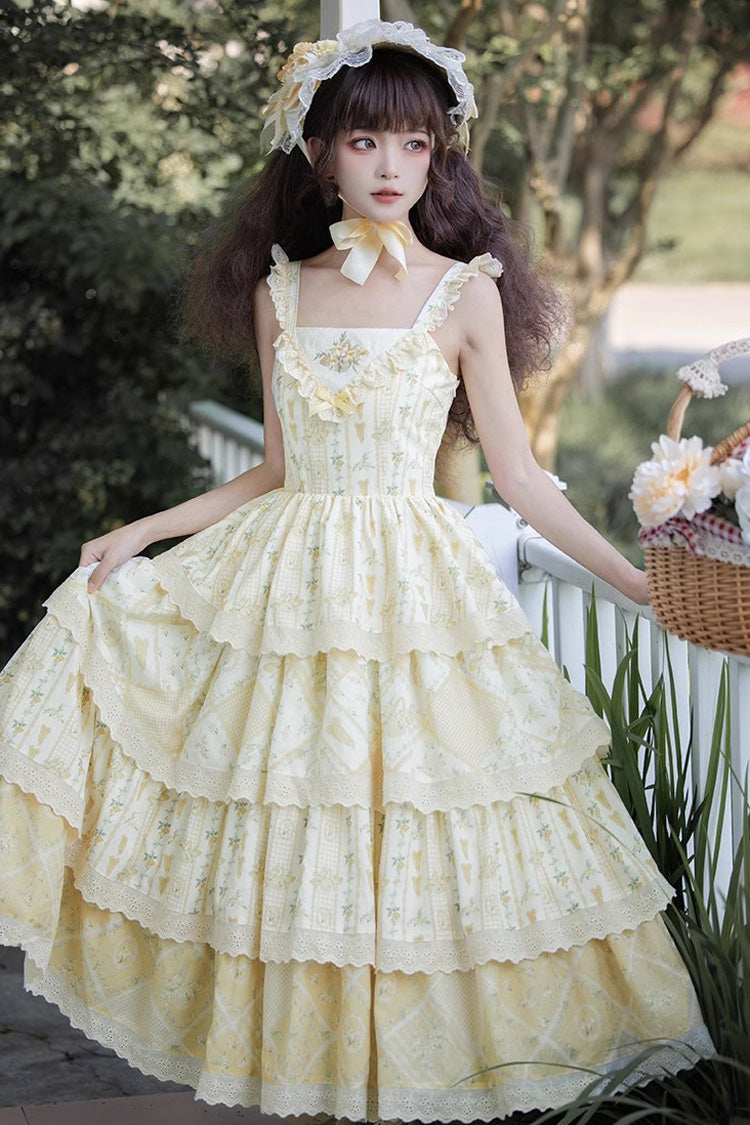 Yellow Multi-layer Sunflower Print Ruffle Embroidery Sweet Chinese Style Lolita Jsk Dress - Product - 3