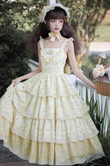 Yellow Multi-layer Sunflower Print Ruffle Embroidery Sweet Chinese Style Lolita Jsk Dress - Product - 3