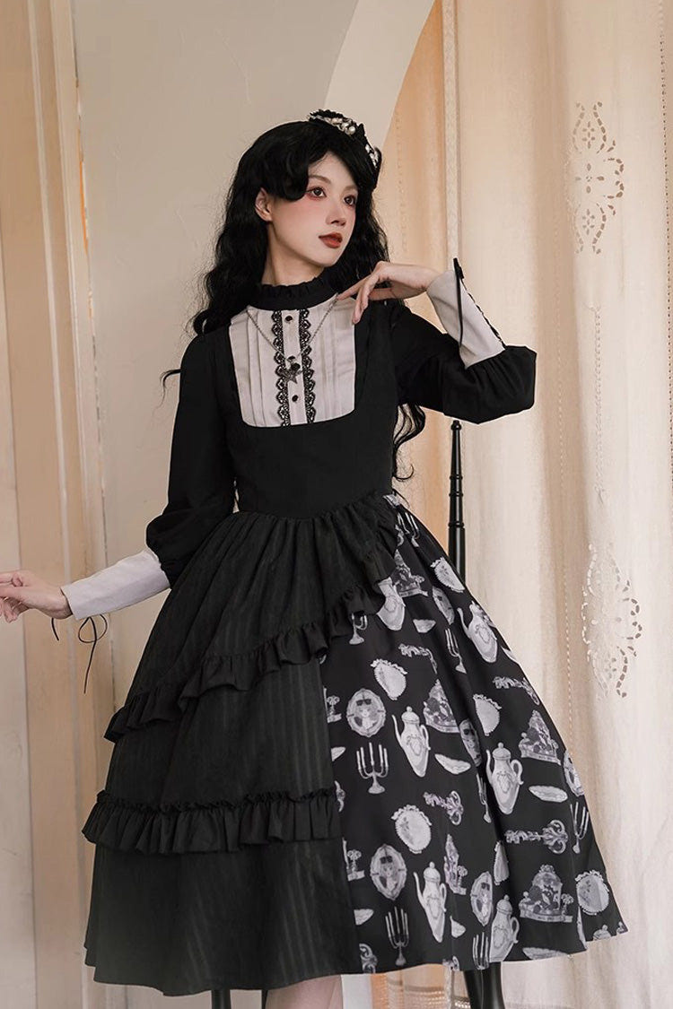 Black Lunar Eclipse Dinner Cups Print Autumn Winter Gothic Lolita Jsk Dress - Product - 2