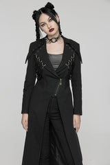 Black Lapel Collar Metal Chains Long Sleeves Women's Punk Long Coat - Product - 3