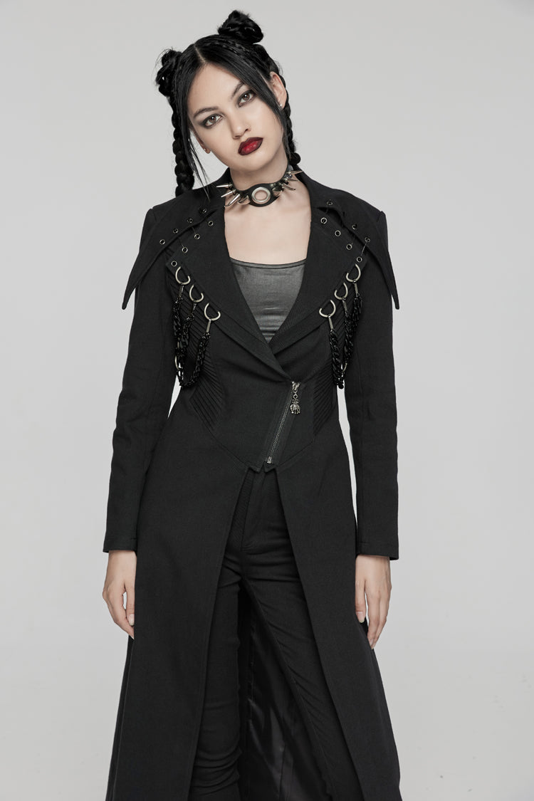 Black Lapel Collar Metal Chains Long Sleeves Women's Punk Long Coat - Product - 3
