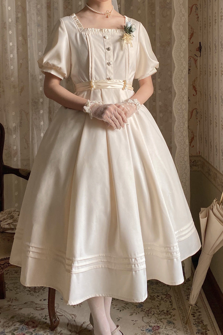 Apricot [Random Thoughts] Square Collar Short Sleeves Ruffle Classic Vintage Elegant Lolita Dress - Product - 5