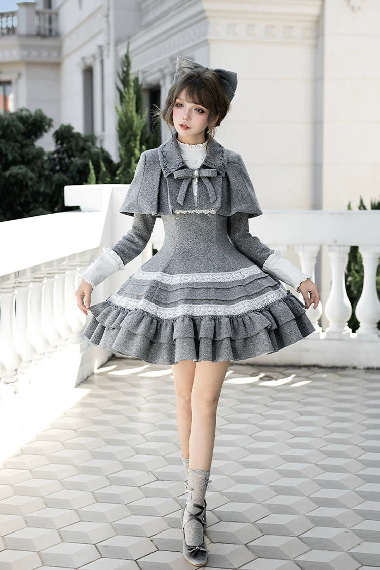 Grey [Letters and Poems · Old Memories] Stand Collar Long Sleeves Double-Layered Ruffled Bow Classic Elegant Lolita Dress 2 Versions - Product - 16